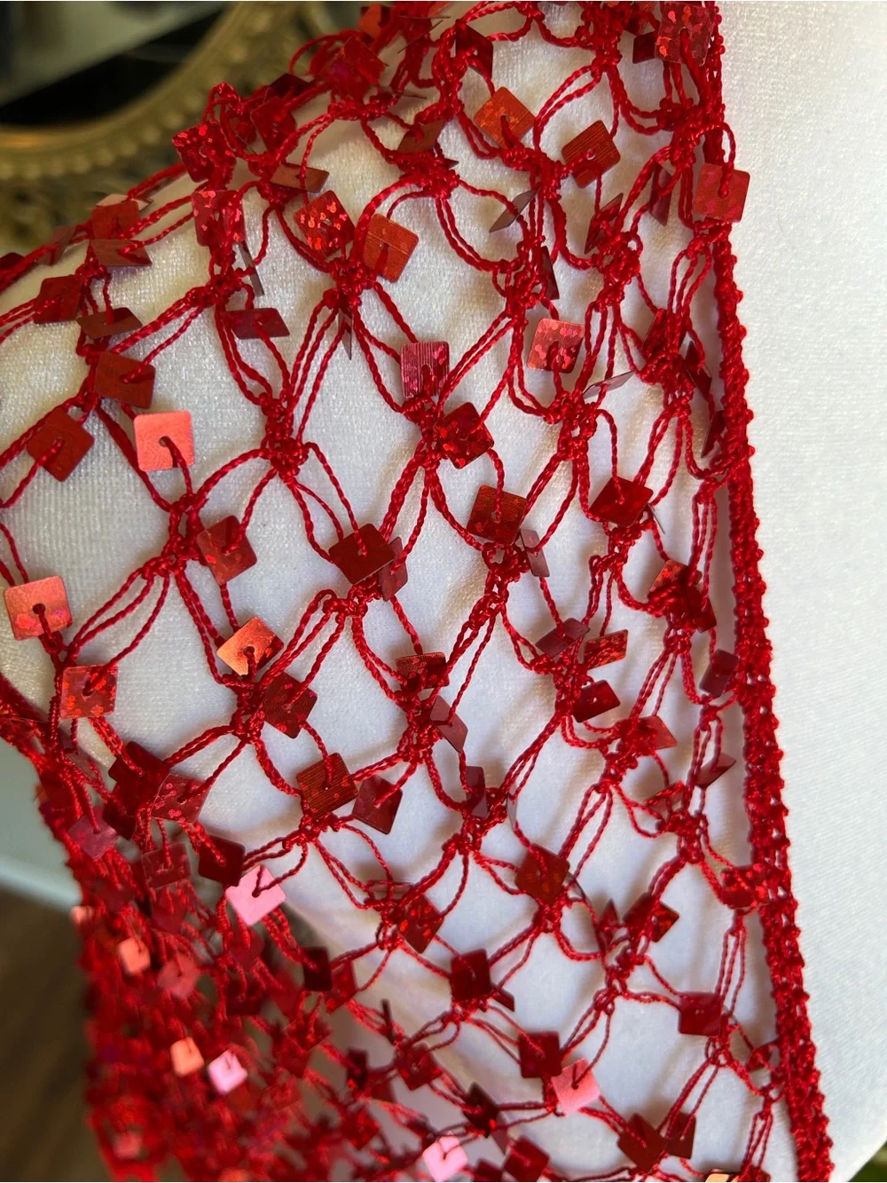 Handmade Red Crochet Fringe Shawl